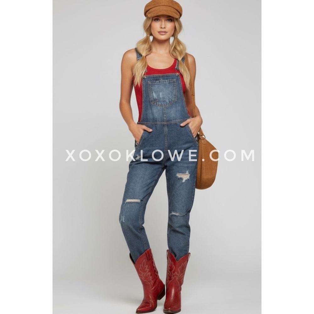 POL Retro 90’s Denim Overalls | Distressed Dark Wash Grunge